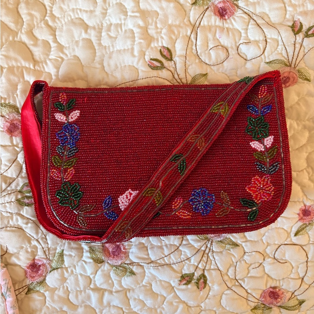 Red Embroidered Shoulder Bag with Floral Design